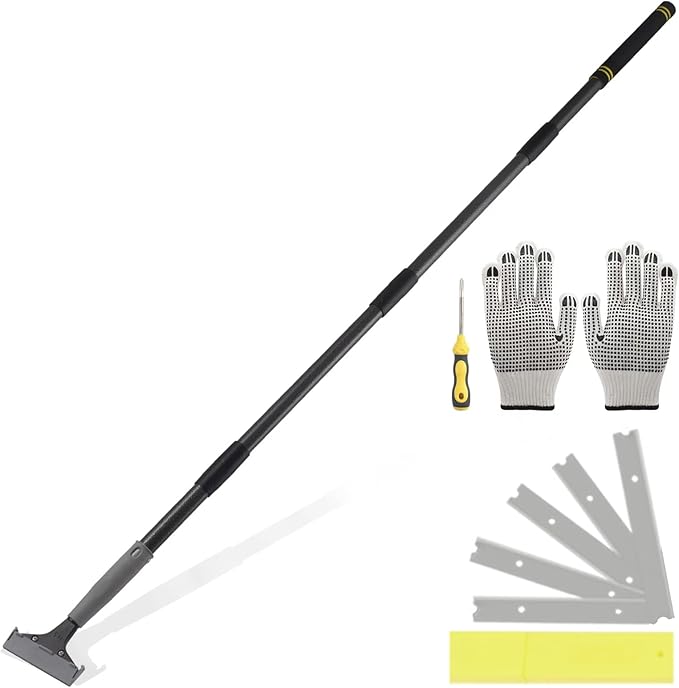 Floor Scraper Long Handle Heavy Duty, 31-61“ Long Handle Blade Scraper Tool with 10PCS Extra Blades 4 Inch stainless steel efficiently and quickly kitchen stickers windows cleaning. (61 inch)