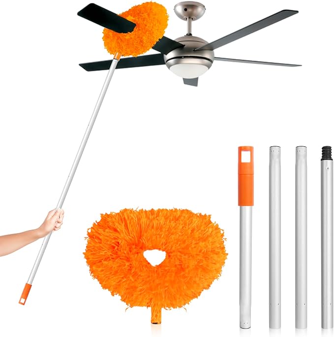 FONUNO Ceiling Fan Cleaner Duster High Ceiling Extended Fan Blade Cleaner | Reusable Microfiber Ceiling Fan Duster with Extension Handle from 13 to 50 Inch for Furniture Bookshelves Wall Door, Orange