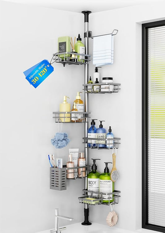 Corner Shower Caddy Organizer Tension Pole, Adjustable 6 Shower Shelves Corner Shelf 30-120Inch Rustproof Shower Rack for Inside Shower, Extra Towel Bar Soap Dish Bathroom Organizers and Storage Gray