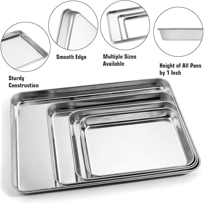 Yododo Baking Sheet with Silicone Mat Set, Set of 8 (4 Sheets + 4 Mats), Stainless Steel Cookie Sheet Baking Pans with Reusable Silicone Baking Mat, Non Toxic & Heavy Duty & Easy Clean
