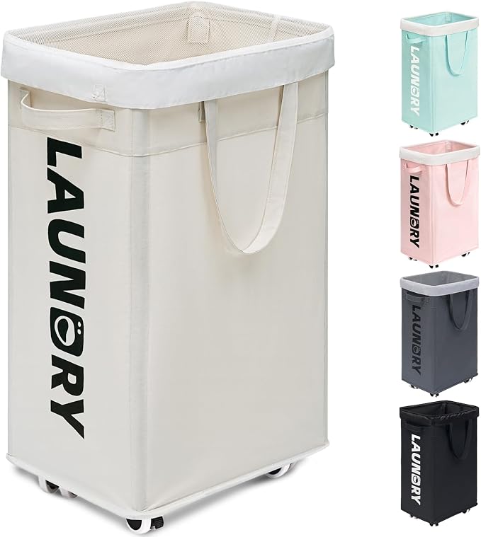 Goodpick 75L Hamper with Wheels & Wash Bag, College Dorm Room Essentials | Clothes Hamper with Removable Wash Bag for Laundry Room, Large Rolling Laundry Basket with Handles, White