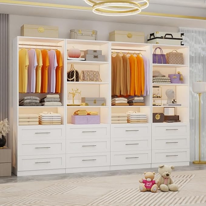 Closet System with 12 Wooden Drawers, 10 Shelves & 6 Hanging Rods, 8–21 ft Adjustable Closet Organizer System, 2800 lbs+ Walk-In Closet System, Modular Custom Closet Kit, White(Set of 4)