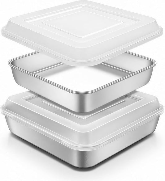 Stainless Steel Baking Pan with Lid, 8 x 8 x 2 Inch Deep Square Cake Pan with Cover, Non-toxic&Healthy Bakeware Set of 2, Easy Clean, Dishwasher & Oven Safe, for Cakes, Brownies(2Pans+2Lids)