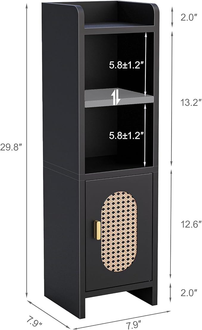 Small Bathroom Storage Cabinet, Narrow and Slim Storage Cabinet with Rattan Door and Adjustable Shelves, Corner Floor Bathroom Organizers and Storage for Small Space, Black HSC001B