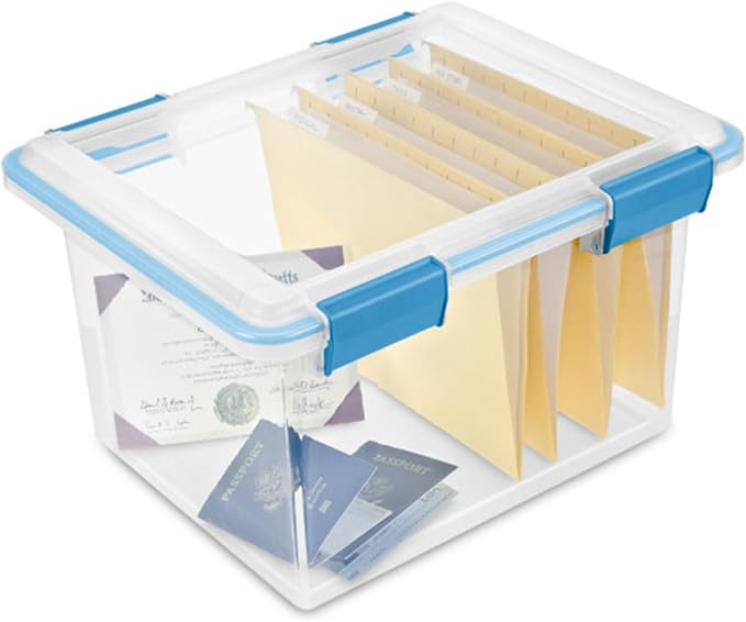 Sterilite 32 Qt Gasket Box, Stackable Storage Bin with Latching Lid and Tight Seal, Plastic Container to Organize Basement, Clear Base and Lid, 4-Pack | Heavy-Duty, Stackable, and Organizing Containers for Bathroom, Cabinet, Closet, and Garage, Clear a...