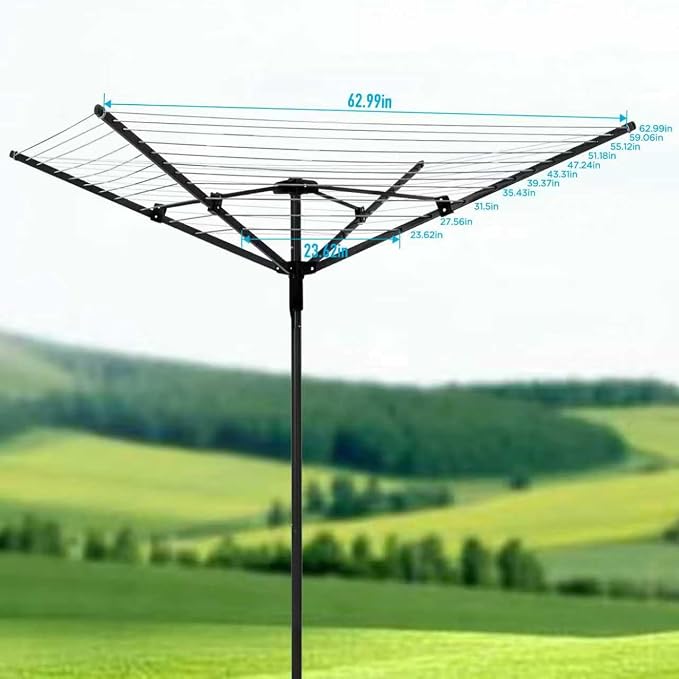165 Feet Rotary Outdoor Umbrella Clothesline Aluminum 4 Arm Drying Rack | Steel Post Adjustable Height Retractable 12-Line Laundry Rack for Backyard Use