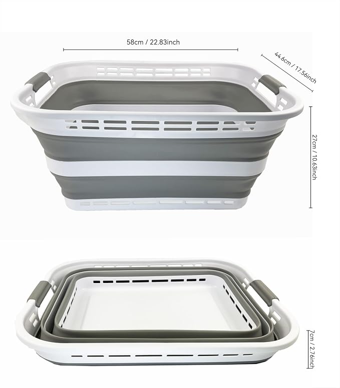 SAMMART 42L (11 Gallons) Collapsible Plastic Laundry Basket - Foldable Pop Up Storage Container/Organizer - Portable Washing Tub - Space Saving Hamper/Basket [BPA Free] (White/Grey)