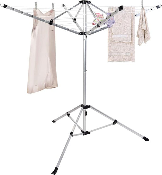 CROS Indoor Outdoor 4-Arm Umbrella Clothes Drying Rack, 65 FT Rotary Laundry Airer with 28 Vinyl Lines, Freestanding Tripod Base, Rust-Resistant Aluminum Dryer for Home, Yard & Balcony