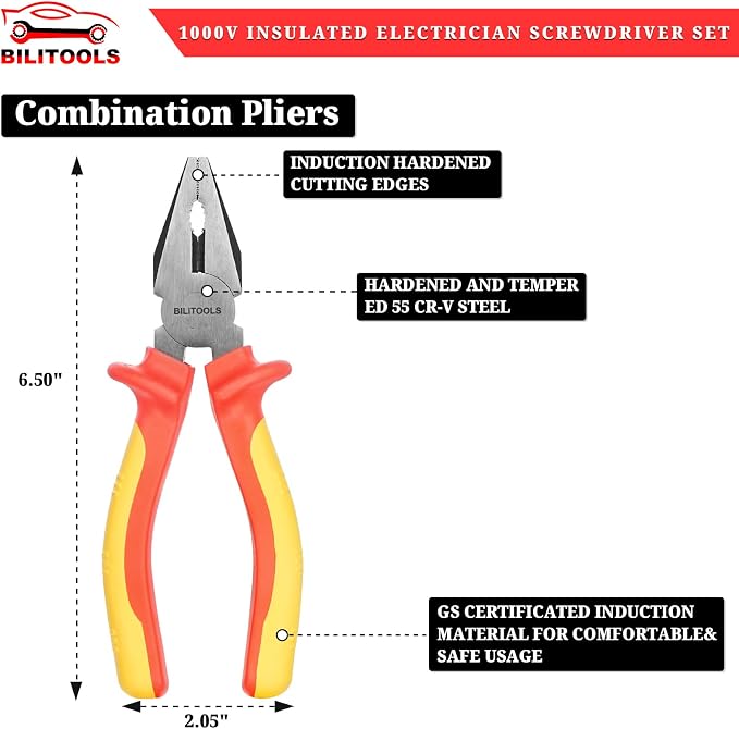 BILITOOLS 1000V Insulated Electrician Screwdriver & Pliers Set - 7pcs Electrical Tools Kit with Magnetic Phillips, Slotted Screwdrivers, VDE & GS Certified