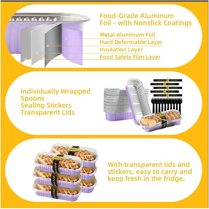 Lavender Purple Mini Loaf Pans with Lids & Spoons, 30 Count 6.8oz Disposable Aluminum Foil Cake Pans, Mini Cake Containers & Baking Tins for Desserts, Party Favors, Baking & Gift Packaging