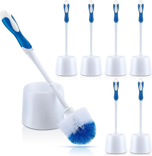 Tioncy 6 Pack Toilet Brush with Holder, 14.96 Inch Toilet Bowl Brush Set, Stiff Bristles Scrubber for Deep Cleaning, Base Caddy, Bathroom Cleaning Supplies (Blue,White)