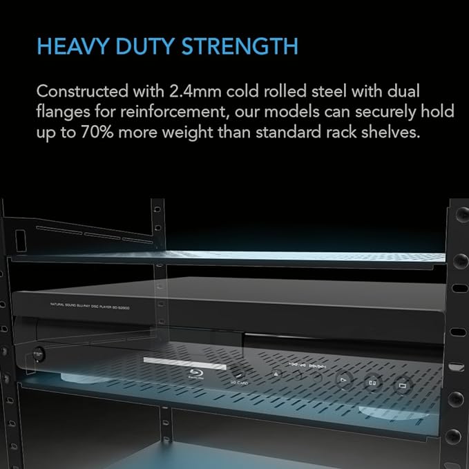 AC Infinity Vented Cantilever 1U Universal Rack Shelf, 14" Deep, for 19" Equipment Racks. Heavy-Duty 2.4mm Cold Rolled Steel, 60lbs Capacity