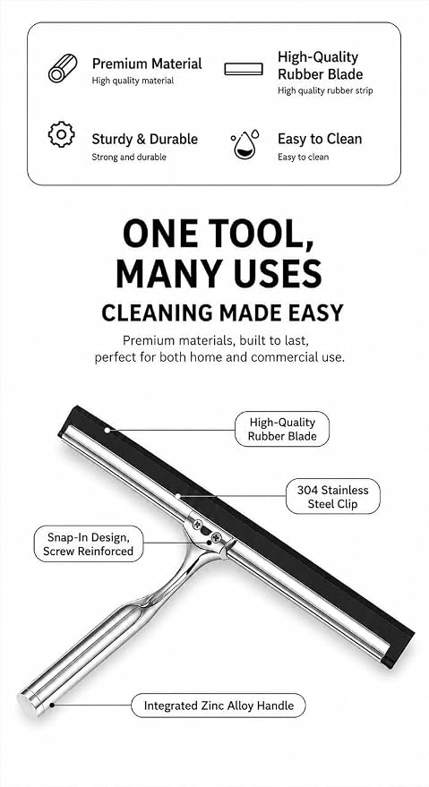MOVAN Shower Squeegee for Glass Doors with Replacement Silicone Blade – 304 Stainless Steel Frame, 10 Inch, Streak-Free Bathroom Window Wiper with Adhesive Hook, Black