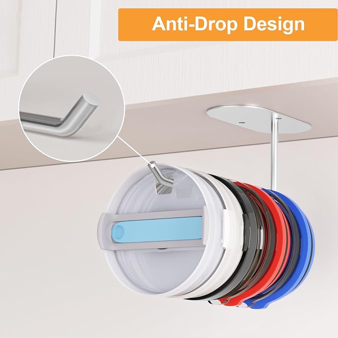 4 Pack Tumbler Lid Organizer, Space Saving Cup Lid Organizer | Yeti/Stanley/Simple Modern Lids Organizer, Self-Adhesive or Drilling Tumbler Lid Hook for Kitchen Organizers and Storage