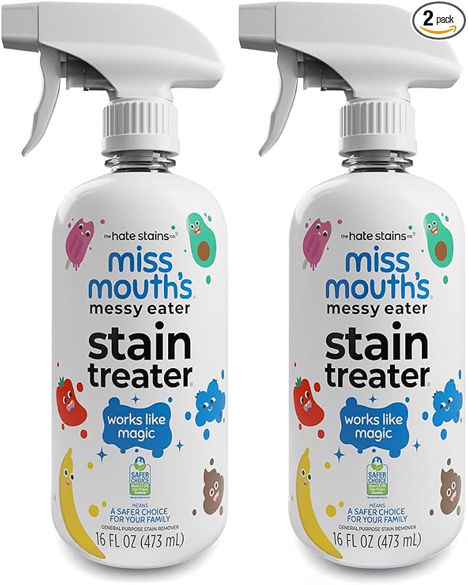 Miss Mouth’s Messy Eater Stain Treater Spray - Stain Remover - Newborn & Baby Essentials - 2-Pack of 16oz Stain Remover | Newborn & Baby Essentials; Cleans Off Food, Grease, Coffee; Use on Laundry, Underwear, Fabric