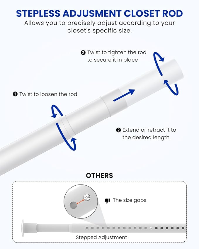 Supforce Closet Rods for Hanging Clothes, 17 to 159 Inches Stepless Adjustable Metal Closet Rod, 1.3 Inches Heavy Duty Clothes Hanging Rod for Closet Wardrobes Laundry RV, White