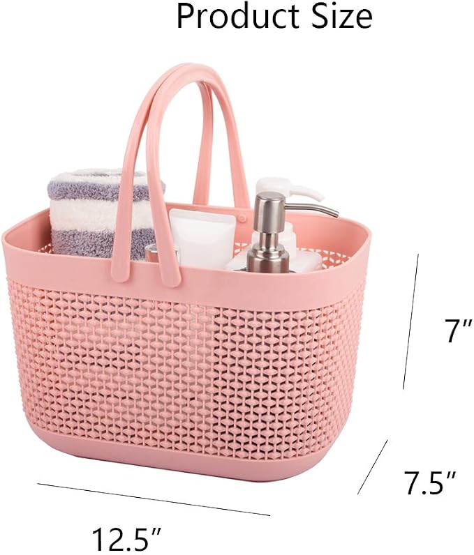 Plastic Protable Shower Caddy Basket, Storage Organizer with Handle, Pink | Bottom Drain Holes, Keep Dry, Sturdy and Durable, Easy to Carry for Bathroom, Kitchen, Dorm Room, RV, College