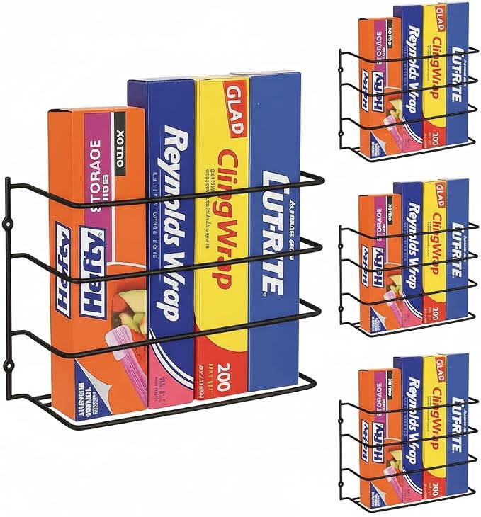 Evelots Kitchen Wrap & Food Bag Organizer Basket, Wall or Cabinet Door Mount, 4-Pack - Black