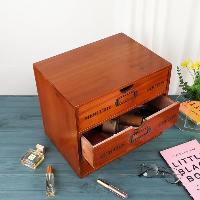 Large Wooden Drawers Wooden Box with Drawer Brown | 3 Drawer Storage Box for Apothecary Cabinet, Apothecary Drawers，Desktop Organizer with Metal Handles for Office，Home