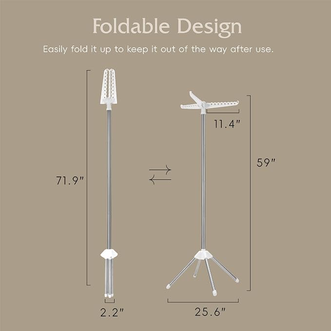 Beaudaily Clothes Drying Rack, Foldable Laundry Drying Rack, Indoor 59-Inch Drying Rack Clothing with 3 Rotatable Arms, Stainless Steel, Holds 27 Pieces, Space Saving, Portable, White and Silver
