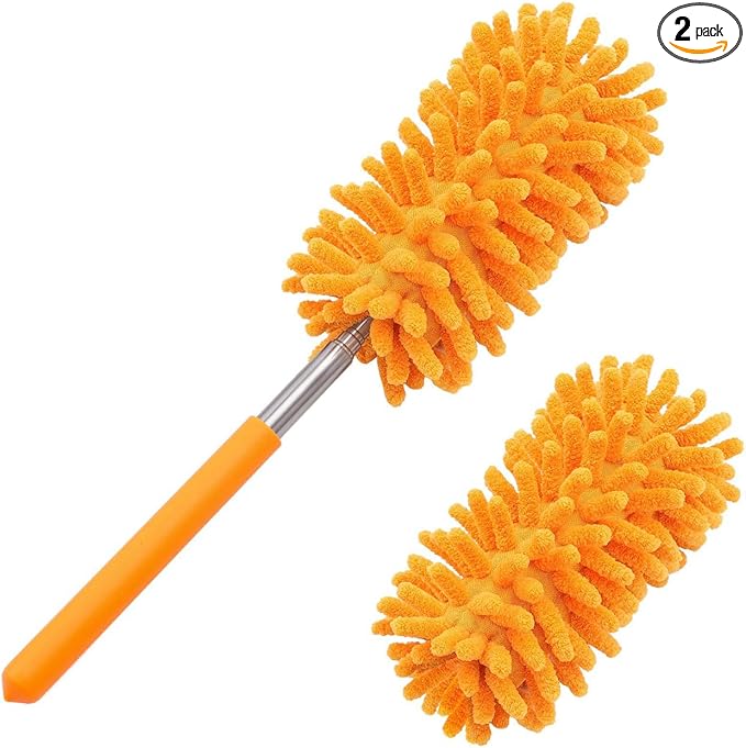 Duster for Cleaning, 10-29" Extension Pole, 2 Washable Heads, Yellow | Microfiber Heads, Wet Or Dry, Detachable, Hand Washable, Easy Storage, For Cars, Offices, Windows, Furniture And Ceiling Fans