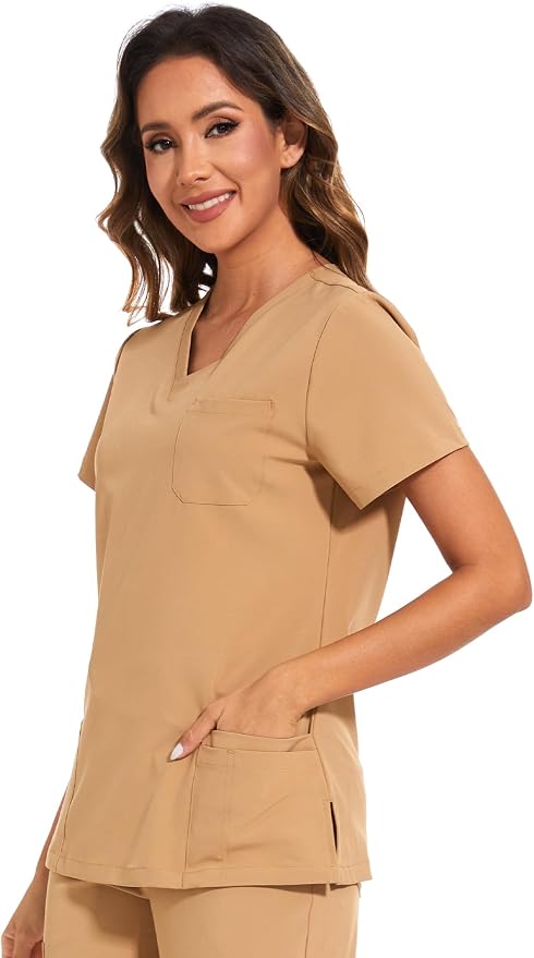 Scrubs Tops for Woman - Soft Stretch, V-Neck Tops | 3 Pockets, Side Split Design, Short Sleeve, Breathable & Lightweight Nursing Shirt, Easy-Care Fabric for All-Day Comfort
