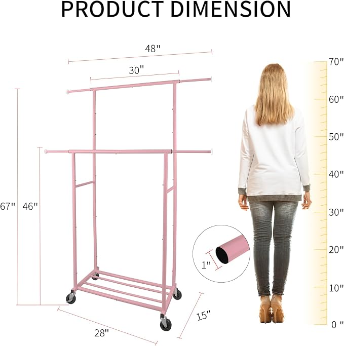 Fishat 48" W x 15" D x 67" H Portable Pink Double Rods Garment Clothes Rack | Metal Freestanding Hanging Organizer, Mobile Lockable Wheels, Portable Freestanding, for Storage, Drying, Bedroom
