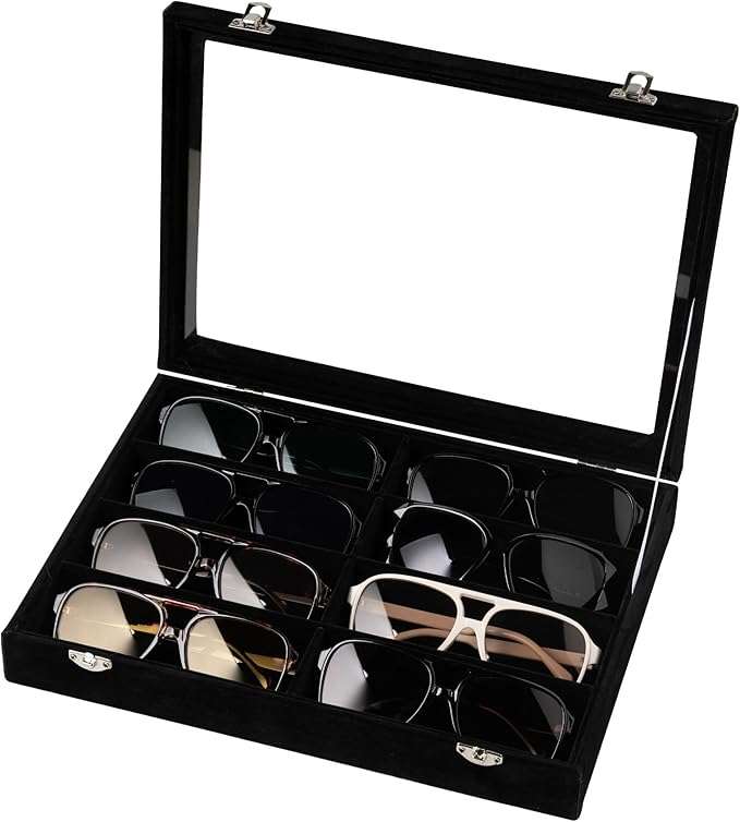 Frebeauty 8-Slot Sunglass Organizer,Velvet Sunglass Holder with Clear Lid | Vanity Glass Holder,Sunglass Case For Multiple Sunglass,Sunglass Tray for Drawer,Sunglass Box for Women,Eyeglass Organizer