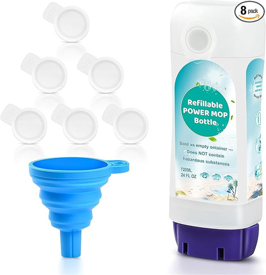 Refillable Bottle for Swiffer® Power Mop™ - 720 ML/24 FL OZ - Leak-Proof HDPE Material Solution Bottle, 1 Empty Bottle + 6 Silicone Pads + 1 Foldable Funnel