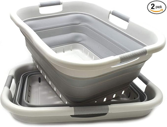 SAMMART 41L (10.8 gallon) Set of 2 Collapsible 3 Handled Plastic Laundry Basket-Foldable Pop Up Storage Container/Organizer-Space Saving Hamper/Basket (2, Grey/Grey)