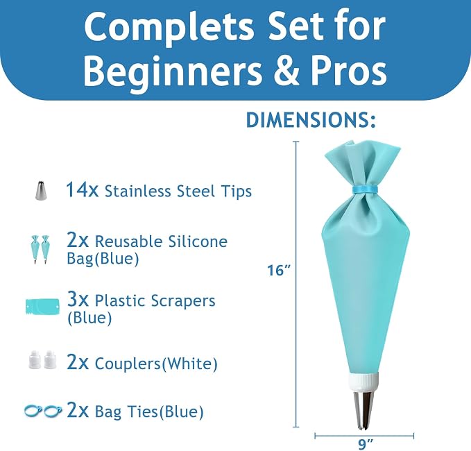 Piping Bags and Tips Set, Cake Decorating Supplies Kit, Reusable Pastry Bags and Tips, Frosting Piping Kit with 16 Inch Piping Bags, Silicone Rings, Couplers, Scrapers, Baking Tools for Cookie Icing