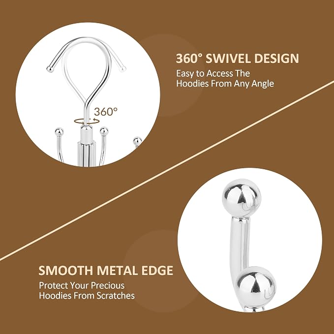 ZEDODIER Hoodie Hangers, Rotatable Hoodie Organzier for Closet, Max 8 Storage Capacity Hoodies Holder, Metal Space Saving Closet Organizers and Storage, Silver