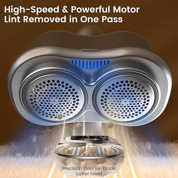 Fabric Shaver and Lint Remover, Sweater Defuzzer with 2 Double Shaving Head, 2 Replaceable Blades, Headle Rotation 90°，Battery Operated, Remove Clothes Fuzz, Lint Balls, Pills, Bobbles Gray