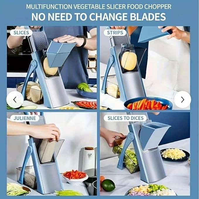 Mandoline Slicer Vegetable Cutter with Container - No Blade Change Needed, Adjustable 0.1-8mm Thickness, Stainless Steel, Hand Guard, Julienne Waffle Cuts for Meal Prep (Blue)