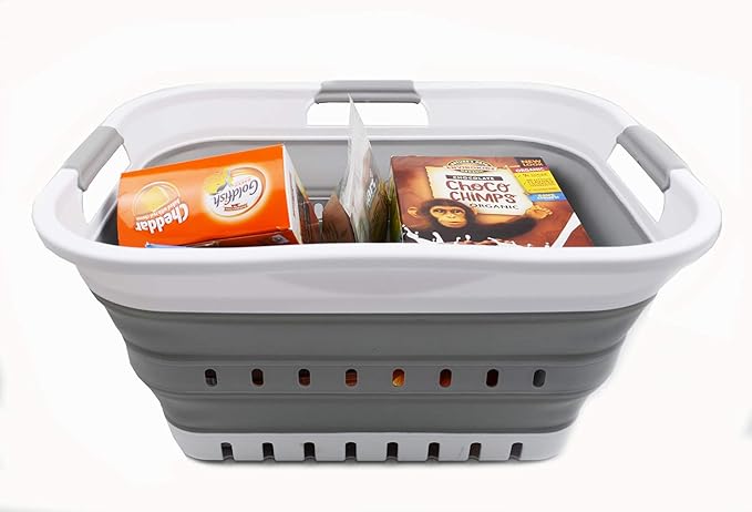 SAMMART Set of 2-30L (8 gallon) Collapsible Plastic Laundry Basket - Foldable Pop Up Storage Container/Organizer - Space Saving Hamper/Basket (2, White/Grey)