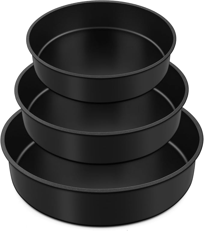 E-far Cake Pan Set of 3 (6 inch/8 inch/9½ inch), Nonstick Round Baking Cake Pans for Tier Birthday Wedding Cake, Stainless Steel Core & Non-Toxic Coating, 2 Inch Deep (Black)
