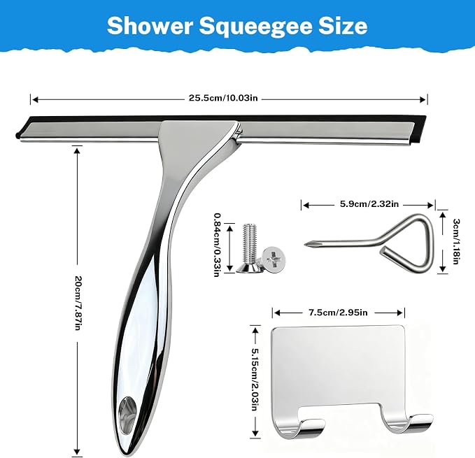 Hotel Grade Stainless Steel Squeegee 10 Inch with Adhesive Hooks - Commercial Shower Squeegee for Hotel Bathroom Glass Door Mirror Tile, Streak-Free Multi-Purpose Cleaning Tool for Hotel Use, Silver