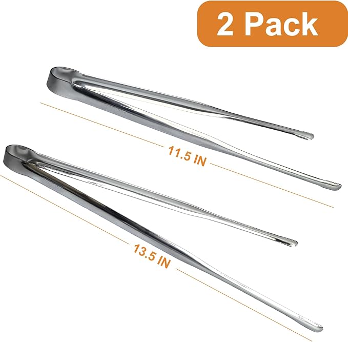 Stainless Steel Kitchen Tongs 2 Set, Non-Slip Serrated Tips, One-Piece Metal Cooking Tongs for Grilling, Plating, BBQ & Baking (11.5” & 13.5”)