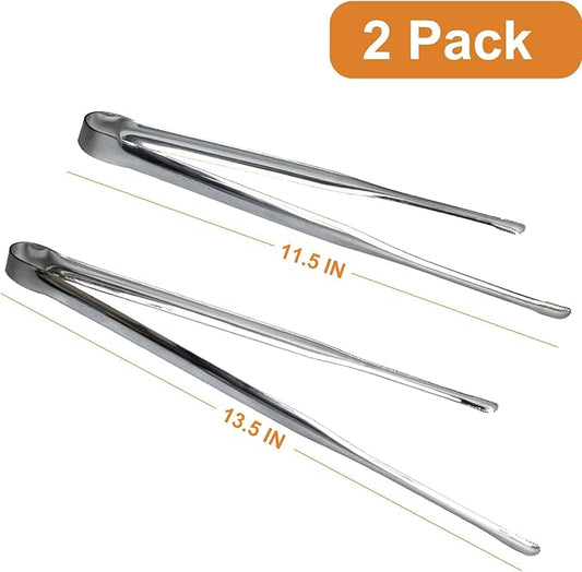 Stainless Steel Kitchen Tongs 2 Set, Non-Slip Serrated Tips, One-Piece Metal Cooking Tongs for Grilling, Plating, BBQ & Baking (11.5” & 13.5”)