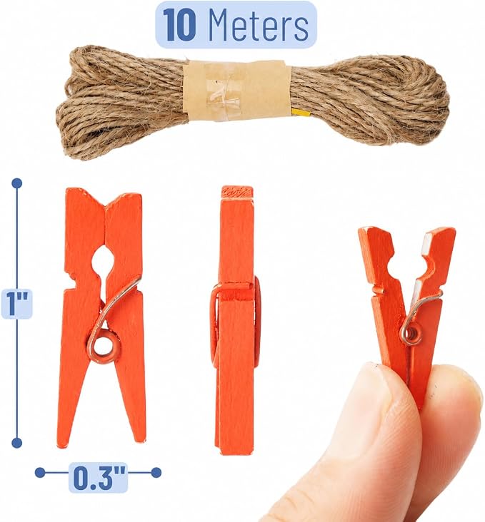 Mr. Pen- Mini Wooden Clothes Pins for Photo, 1 Inch, 200 Pack, Colorful | Small Clothespins with 10 m Jute Twine for Scrapbooking, Labeling Plants, Gift Tags, Tiny Crafts, Photo Display, Decoration