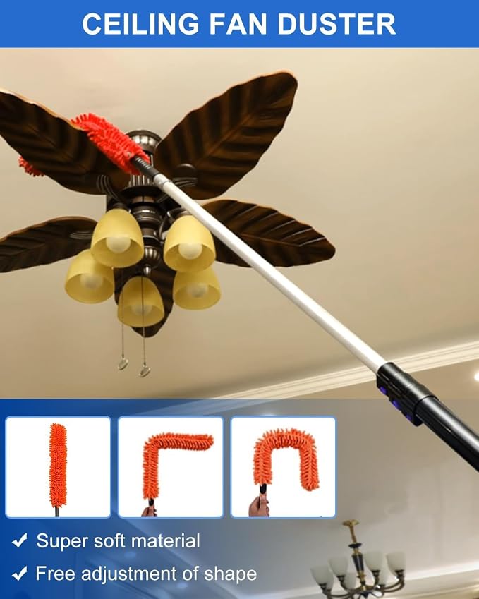26 Foot High Reach Duster Kit with 5-20 ft Telescoping Extension Pole, High Ceiling Duster, Cobweb Duster, Window Squeegee, Feather Duster, Outdoor & Indoor Extendable Duster Cleaning Kit