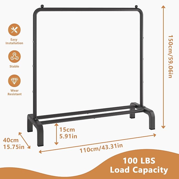 JIUYOTREE Metal Clothing Rack, 43.3 Inches Garment Rack with Bottom Shelf for Hanging Clothes, Coats, Skirts, Shirts, Sweaters, Black