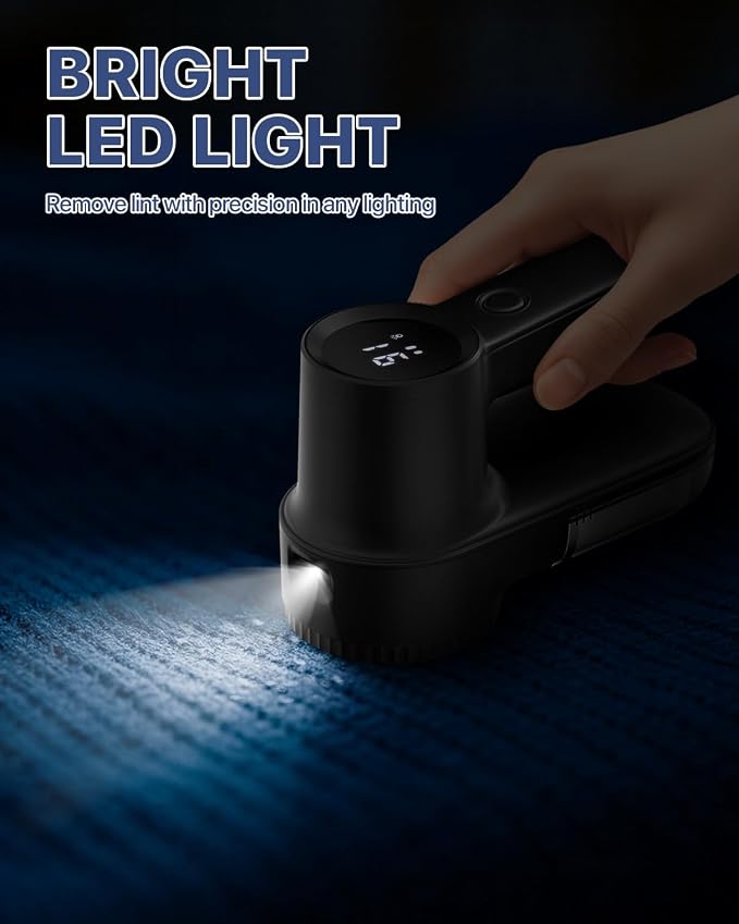 Rechargeable Lint Shaver, Lint Remover with LED Light,3 Extra Blades | 3-Speeds Sweater Shaver with LED Display, Electric Fabric Shaver for Clothing & Furniture, Type-C Fast Charging Port - Black