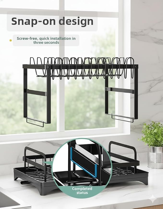2-Tier Dish Drying Rack for Kitchen Counter, Carbon Steel Space-Saving Drying Rack with Adjustable Drain Pipe & Cutlery Holder, for Small Kitchen Apartment RV