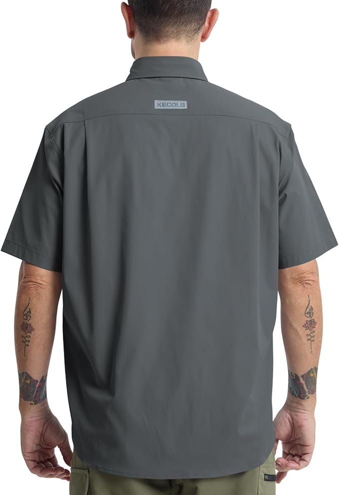 Mens Regular Fit Work Utility Shirt Midweight Short Sleeve Work Wear | Midweight stretch work shirt with reflective trim, 2 secure chest pockets, moisture-wicking comfort, easy-care fabric