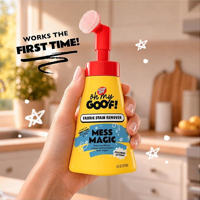 oh my GOOF! Mess Magic Fabric Stain Remover, 8 oz. Foam Stain Remover with Built-In Silicone Scrubber, Helps Remove Food, Marker, Crayon and Ink Marks