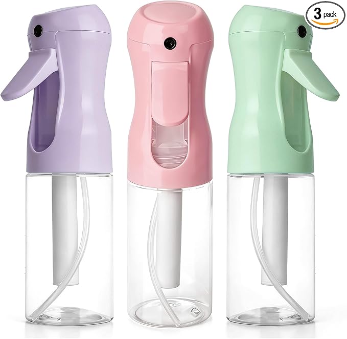 3Pcs Continuous Spray Bottles For Hair,Ultra Fine Mister for Hair Styling, Plants, Cleaning, Salon, Misting & Skin Care（200ml/6.8oz Green+Pink+Purple）