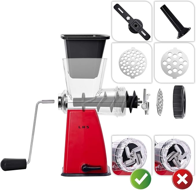 LHS Manual Meat Grinder with Stainless Steel Blades Heavy Duty Powerful Suction Base for Home Use Fast and Effortless for All Meats-Red