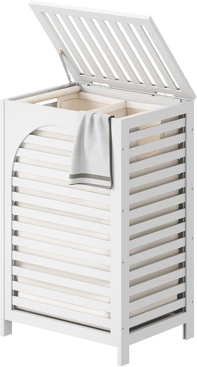 Laundry Hamper with Lid (16.9 * 13 * 26.5inches) Large Bamboo Laundry Bin Basket 85L Clothes Hamper with 1 Removable Bag Storage baskets for Bathroom (White)