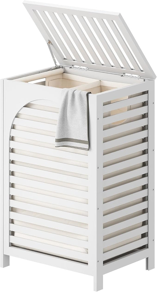 Laundry Hamper with Lid (16.9 * 13 * 26.5inches) Large Bamboo Laundry Bin Basket 85L Clothes Hamper with 1 Removable Bag Storage baskets for Bathroom (White)